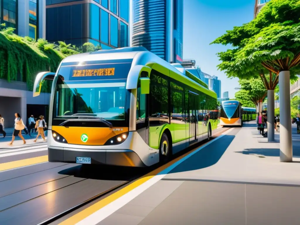 Un bullicioso entorno urbano, con buses y trenes eléctricos en moderna arquitectura eco-friendly