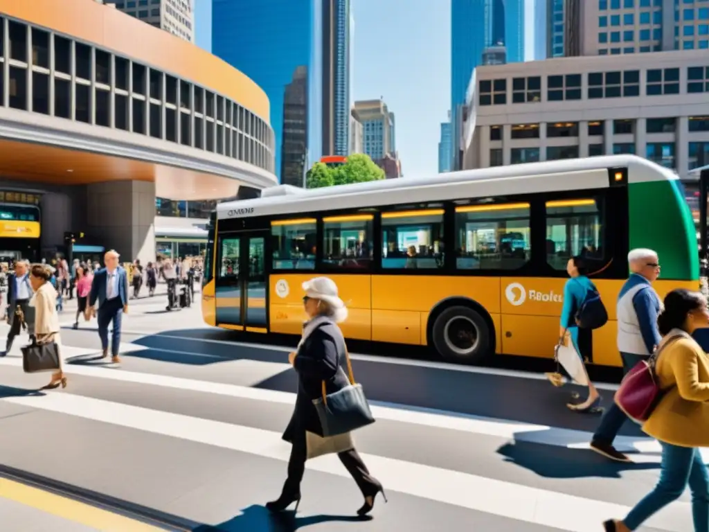 Un bullicioso escenario de ciudad con un sistema de transporte público inclusivo en una estación moderna