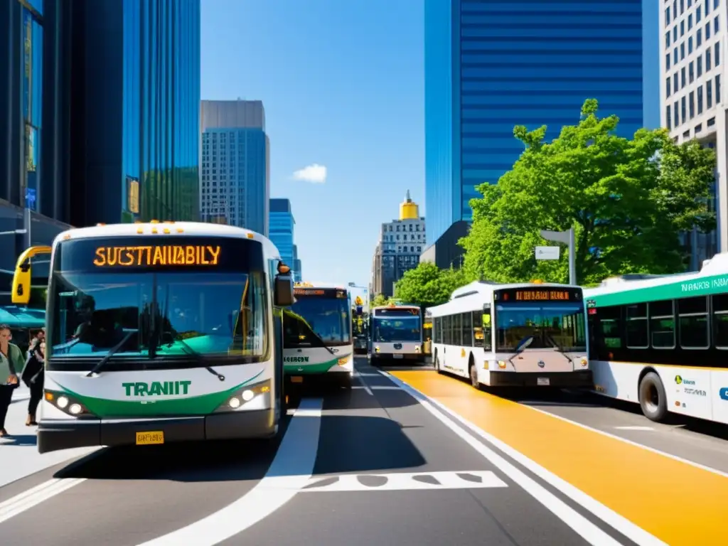 Un bullicioso escenario urbano con autobuses en una estación de tránsito, mostrando certificaciones de sostenibilidad en sus parabrisas