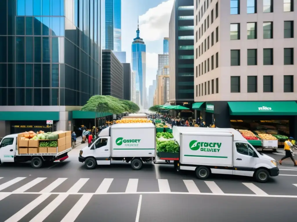 Un bullicioso escenario urbano con camiones de transporte de frío en la ciudad, mostrando la vitalidad de la actividad comercial y logística