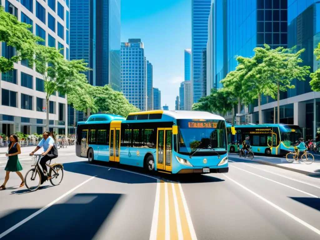 Transporte sostenible en la ciudad: buses eléctricos, bicicletas y más Un bullicioso escenario urbano con diversas opciones de transporte sostenible, resaltando la integración positiva de la legislación en la evolución del transporte
