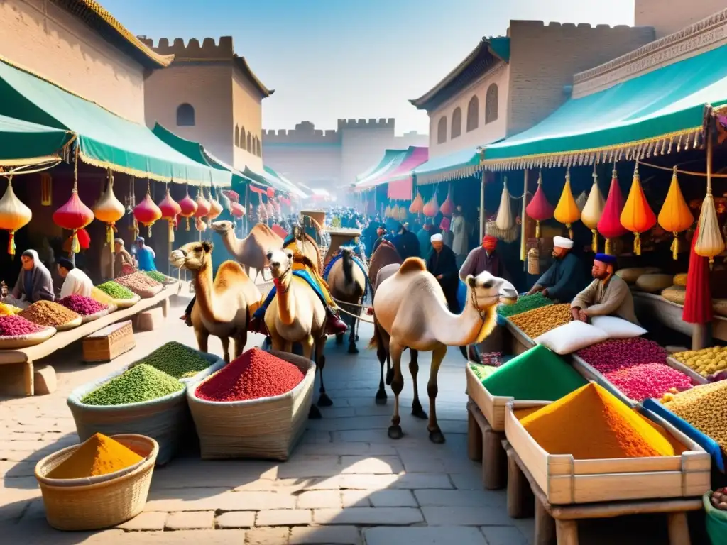 Un bullicioso mercado a lo largo de la Ruta de la Seda, con mercaderes de diversas culturas regateando por coloridos rollos de seda, especias fragantes y productos exóticos