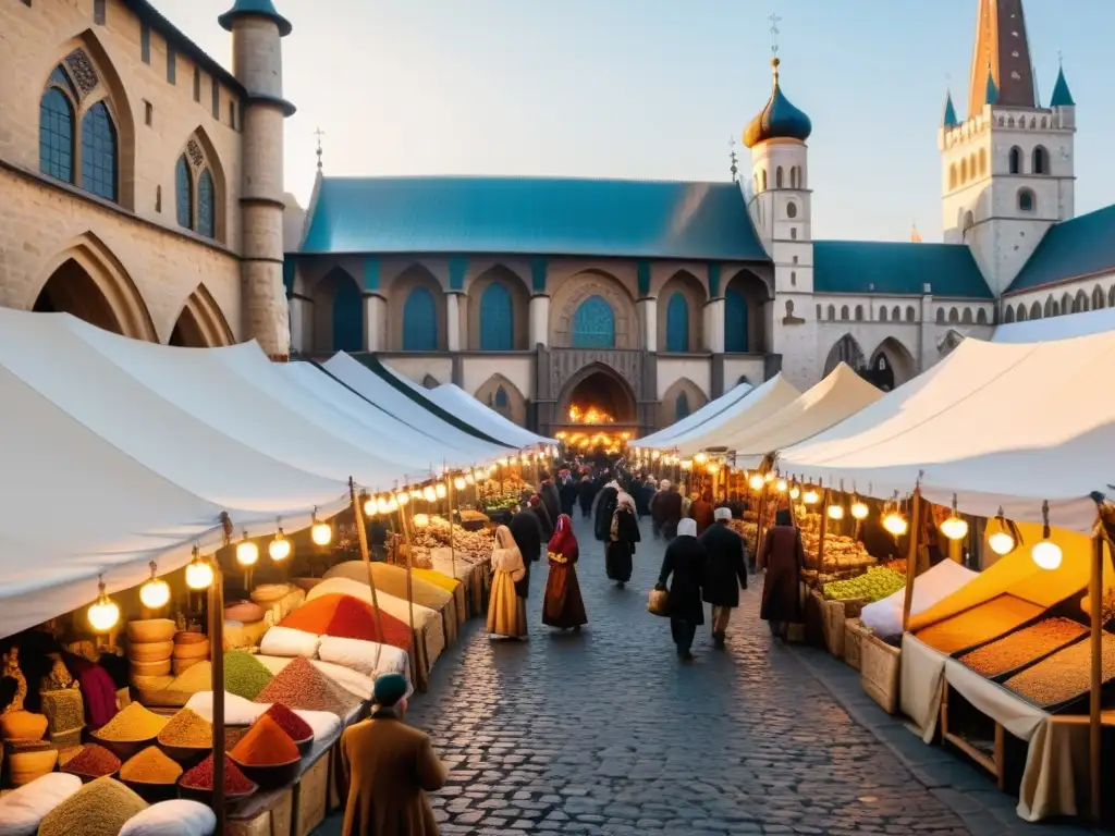 Un bullicioso mercado medieval con comerciantes vendiendo especias, textiles y bienes exóticos