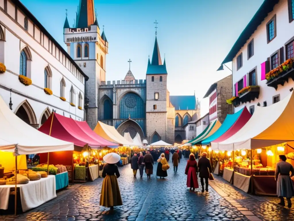 Un bullicioso mercado medieval con comerciantes vendiendo textiles, especias y cerámica