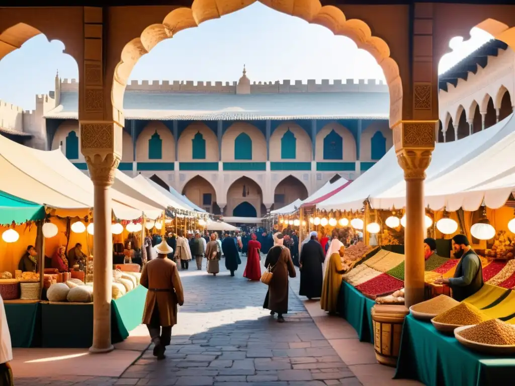 Un bullicioso mercado medieval con comerciantes intercambiando bienes y una mezcla de culturas, destacando las Rutas Comerciales de las Cruzadas