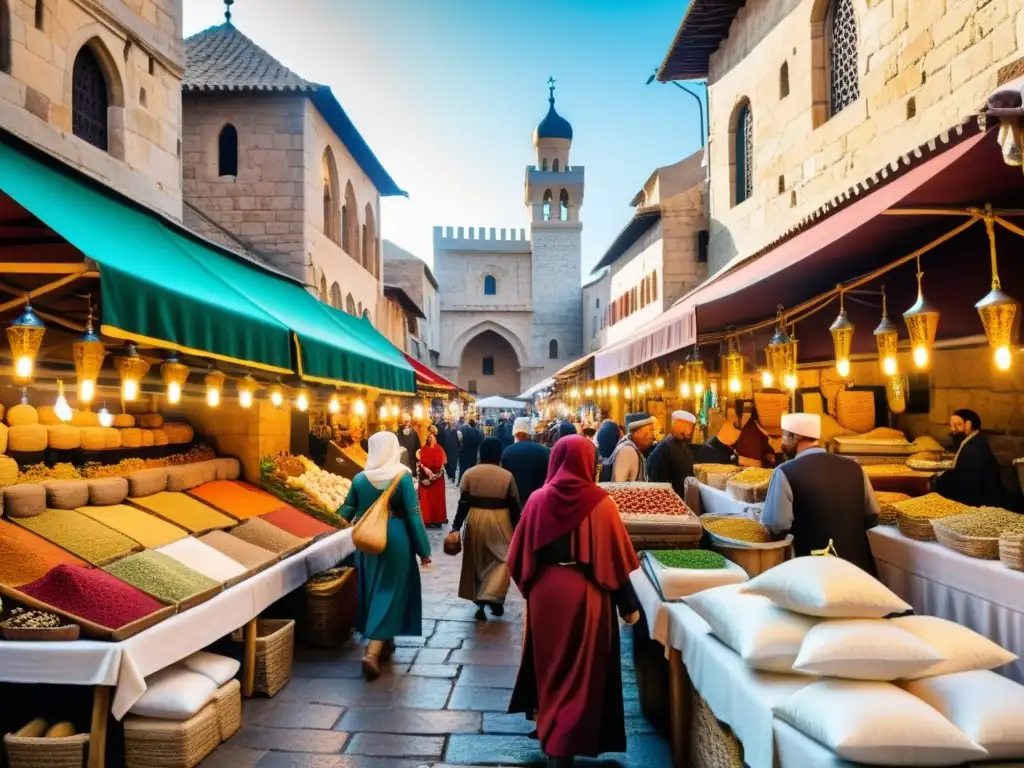 Un bullicioso mercado medieval en las rutas comerciales de las cruzadas, colmado de mercaderes y productos exóticos de diversas regiones