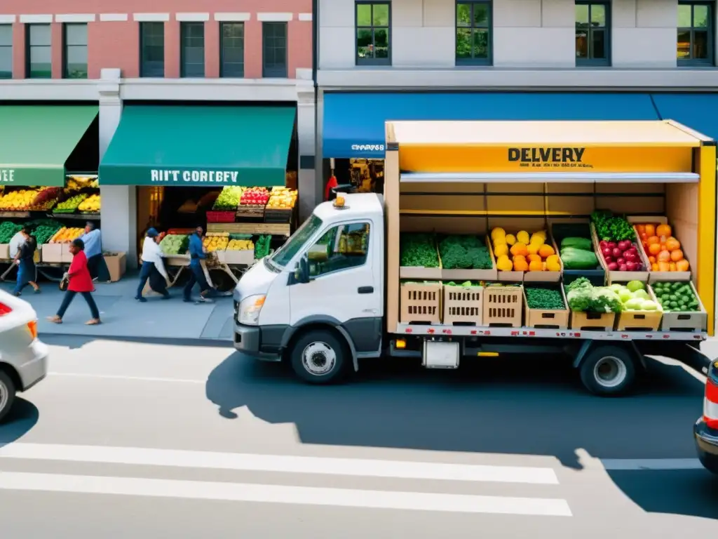 Un bullicioso mercado urbano con transporte de frío en la ciudad, donde la gente se mueve entre frutas y verduras frescas