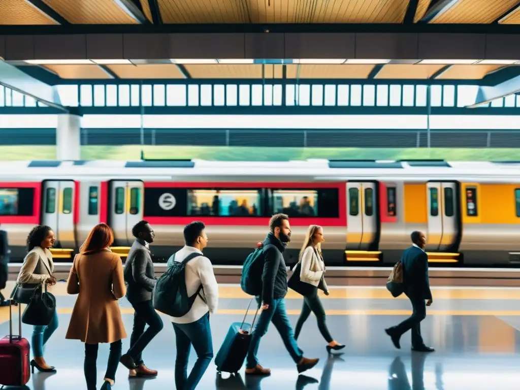 Un bullicioso y moderno ferrocarril transcontinental, integrando la historia y el desarrollo del transporte en la vida diaria de personas diversas