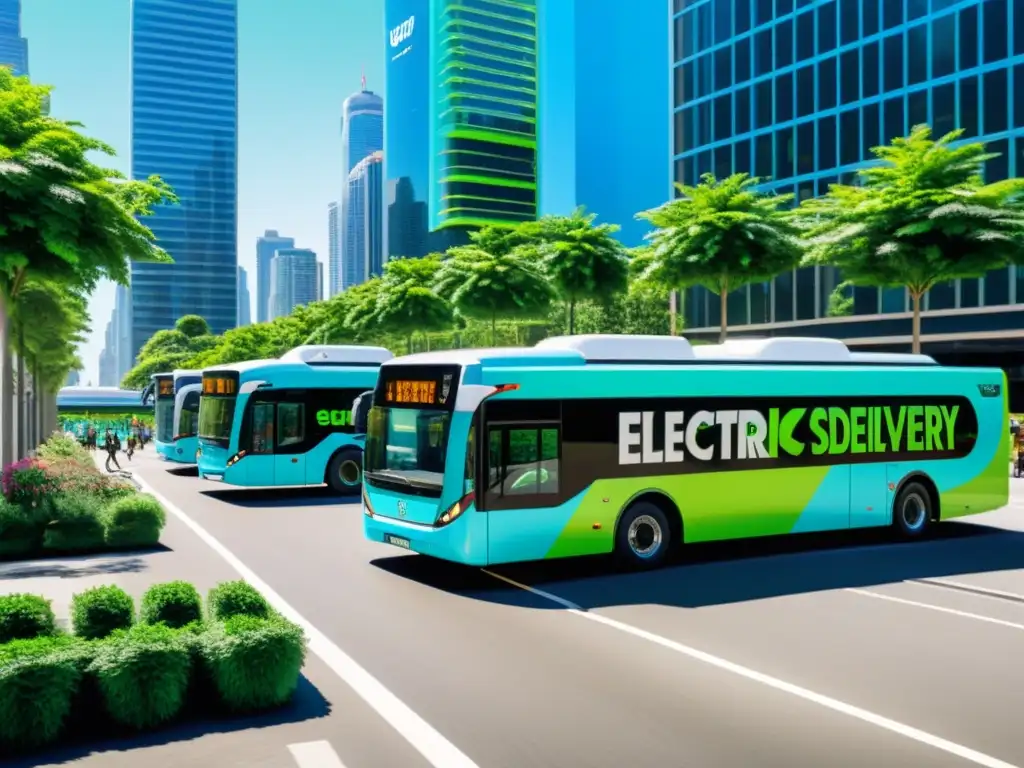 Un bullicioso paisaje urbano con autobuses y camiones eléctricos, rodeados de vegetación exuberante y personas que comparten la vía en armonía