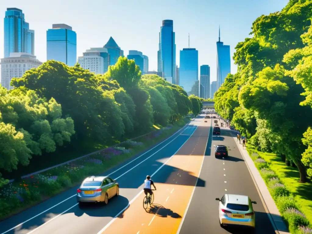 Un bullicioso paisaje urbano con carril bici, árboles frondosos y flores silvestres