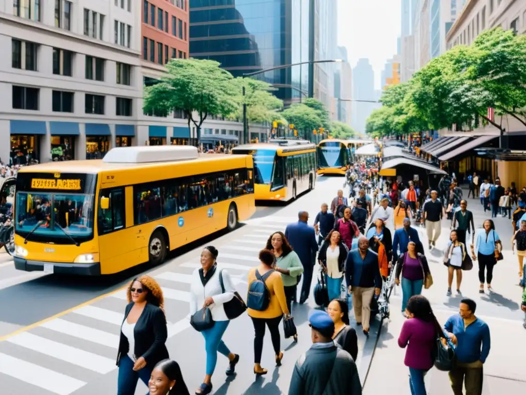 Un bullicioso paisaje urbano con diversidad de personas usando transporte accesible y asequible como buses, bicicletas y ayudas de movilidad