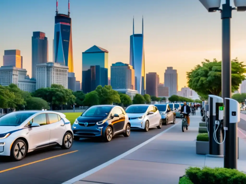 Un bullicioso paisaje urbano con estaciones de carga de vehículos eléctricos, autos y bicicletas eléctricas