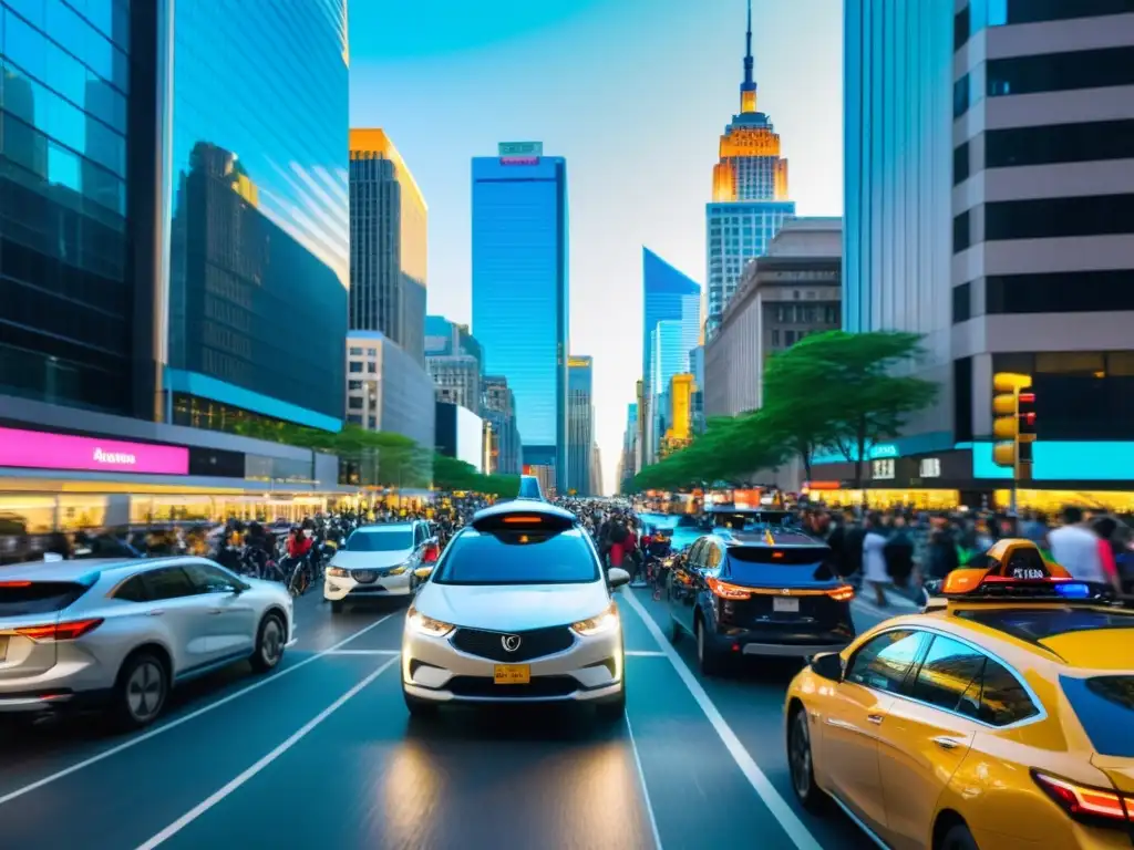 Ridesharing en la ciudad: Movilidad urbana vibrante El bullicioso paisaje urbano muestra la integración del ride sharing en ciudades, con autos, bicicletas y peatones, creando una energía vibrante