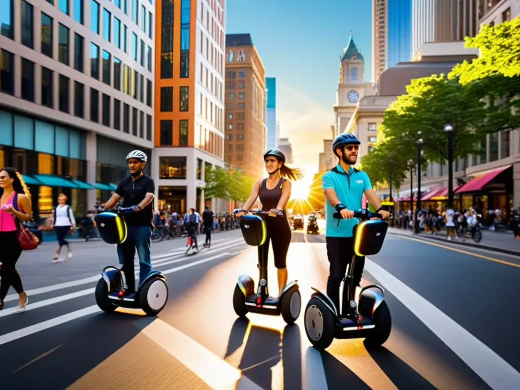 Un bullicioso paisaje urbano con peatones, ciclistas y segways, ideal para recorrer ciudades en Segway en armonía con el entorno urbano