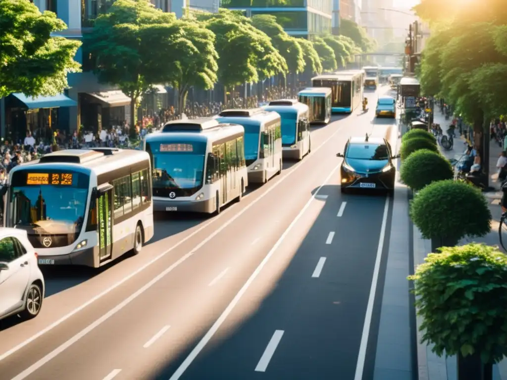 Un bullicioso paisaje urbano sostenible con transporte público y vegetación exuberante