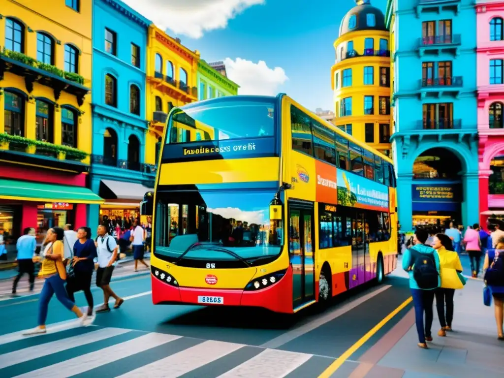 Autobús turístico en ciudad vibrante Un bullicioso paseo urbano con un autobús turístico de dos pisos Integrando experiencias transporte público turismo, rodeado de peatones y edificios coloridos, capturando la atmósfera dinámica y vibrante de la integración del transporte público y el turismo