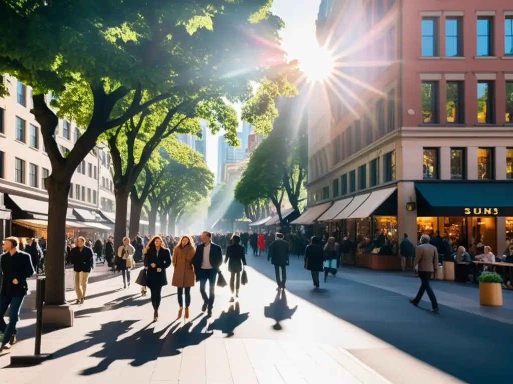 Un bullicioso paseo urbano con peatones disfrutando el rediseño del espacio público peatonal al atardecer