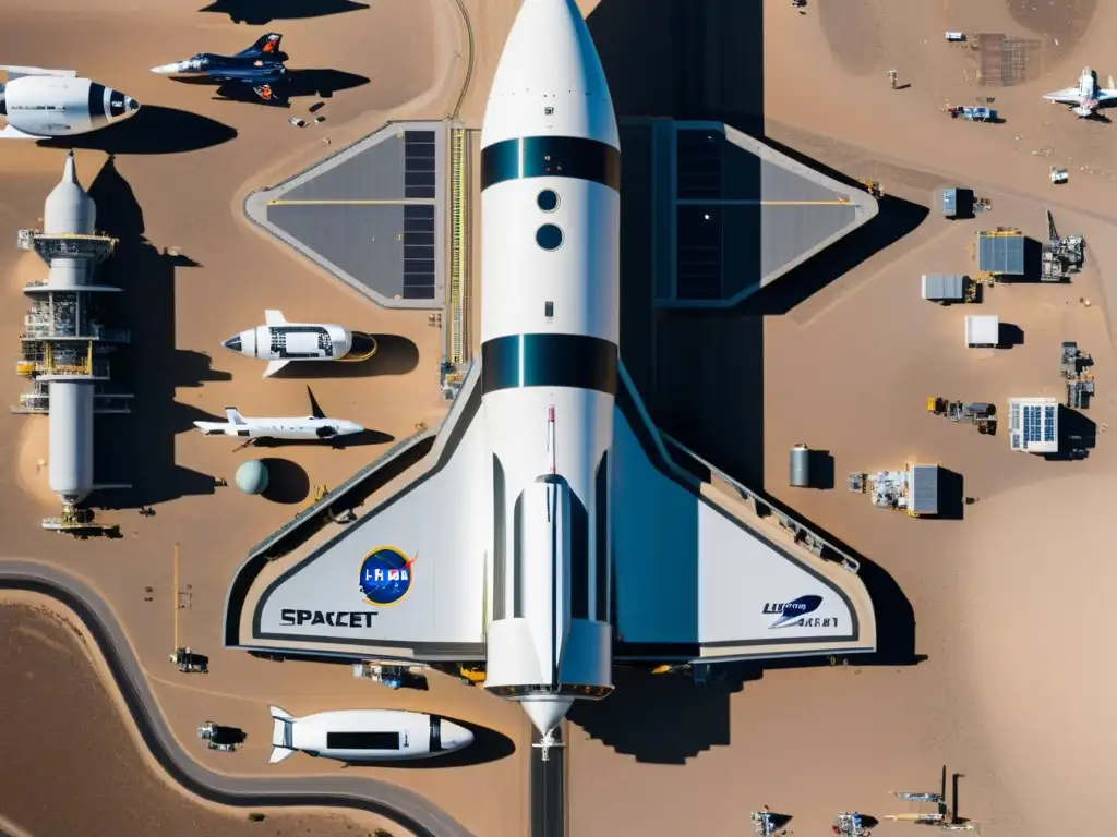 Una fotografía ultrarresolución de un bullicioso puerto espacial, mostrando una variedad de naves espaciales preparándose para el lanzamiento