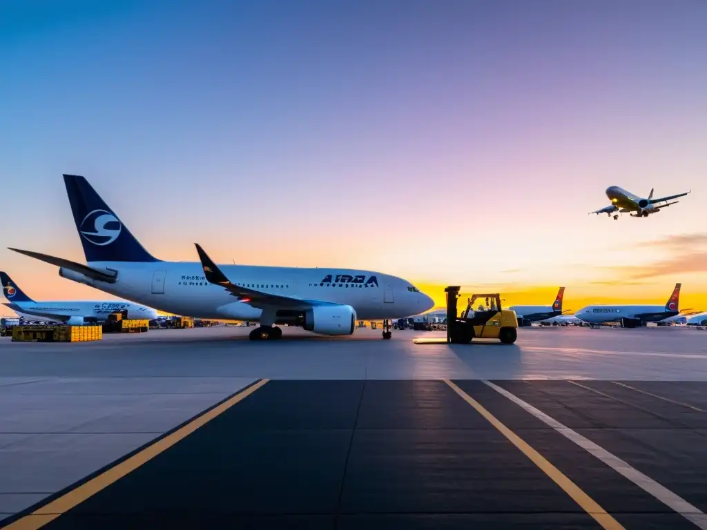 Un bullicioso tarmac de aeropuerto lleno de aviones de carga de diversas aerolíneas internacionales, rodeado de contenedores de envío y maquinaria