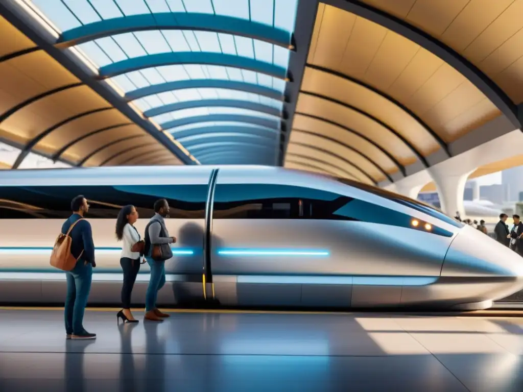 Un bullicioso andén de estación de tren con diversidad de personas esperando, mientras un moderno tren Hyperloop llega al fondo