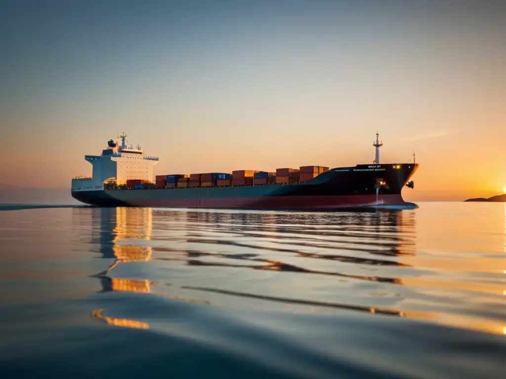 Un buque de carga moderno y sostenible navegando al atardecer en el mar, evocando certificaciones ambientales transporte marítimo