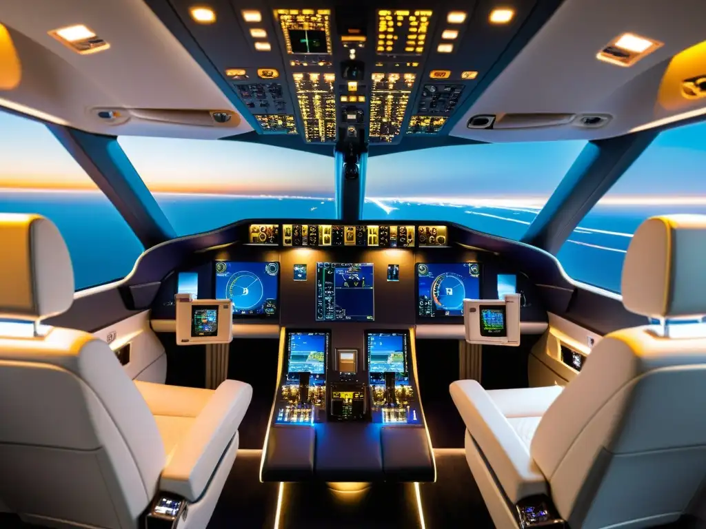 Evolución en la cabina de mando de jets privados: cockpit moderno con pantallas digitales y controles de alta tecnología, iluminado con luces LED