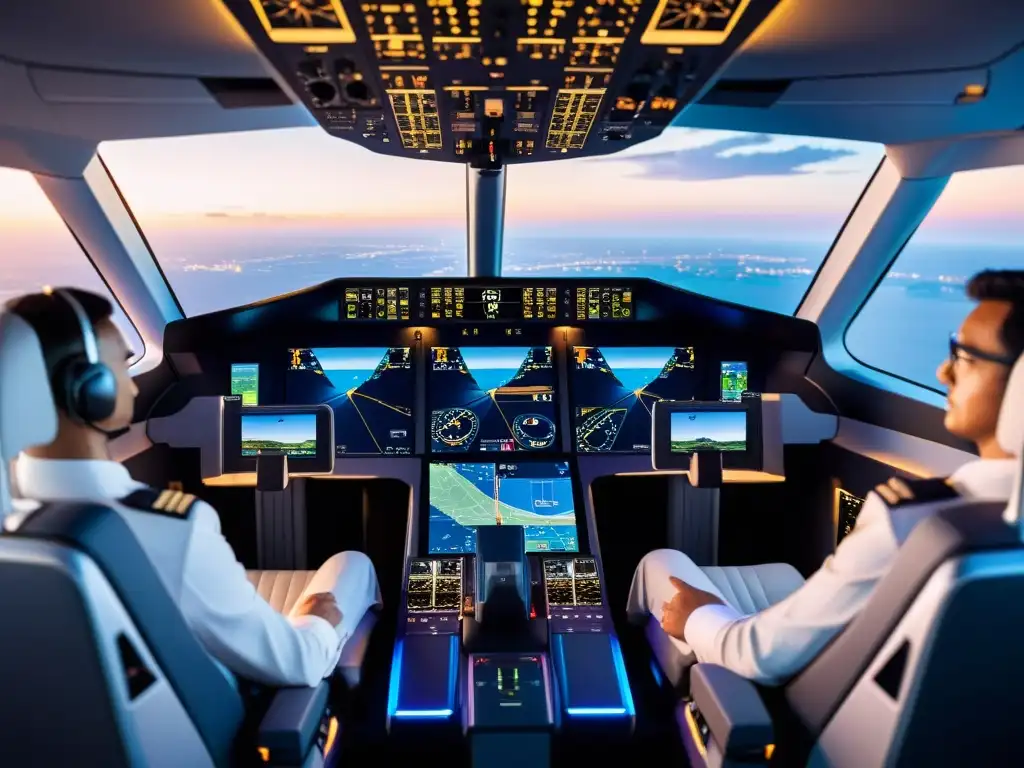 Evolución tecnología cockpit cabina pilotos: Imagen de una cabina moderna con controles y pantallas avanzadas, iluminada con luz ambiental suave