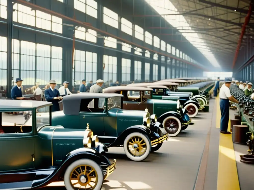 La cadena de montaje de Henry Ford: Imagen documental de la fábrica de automóviles del siglo XX con trabajadores ensamblando coches en la línea de montaje, mientras Henry Ford supervisa el proceso, destacando su impacto revolucionario en el transporte moderno