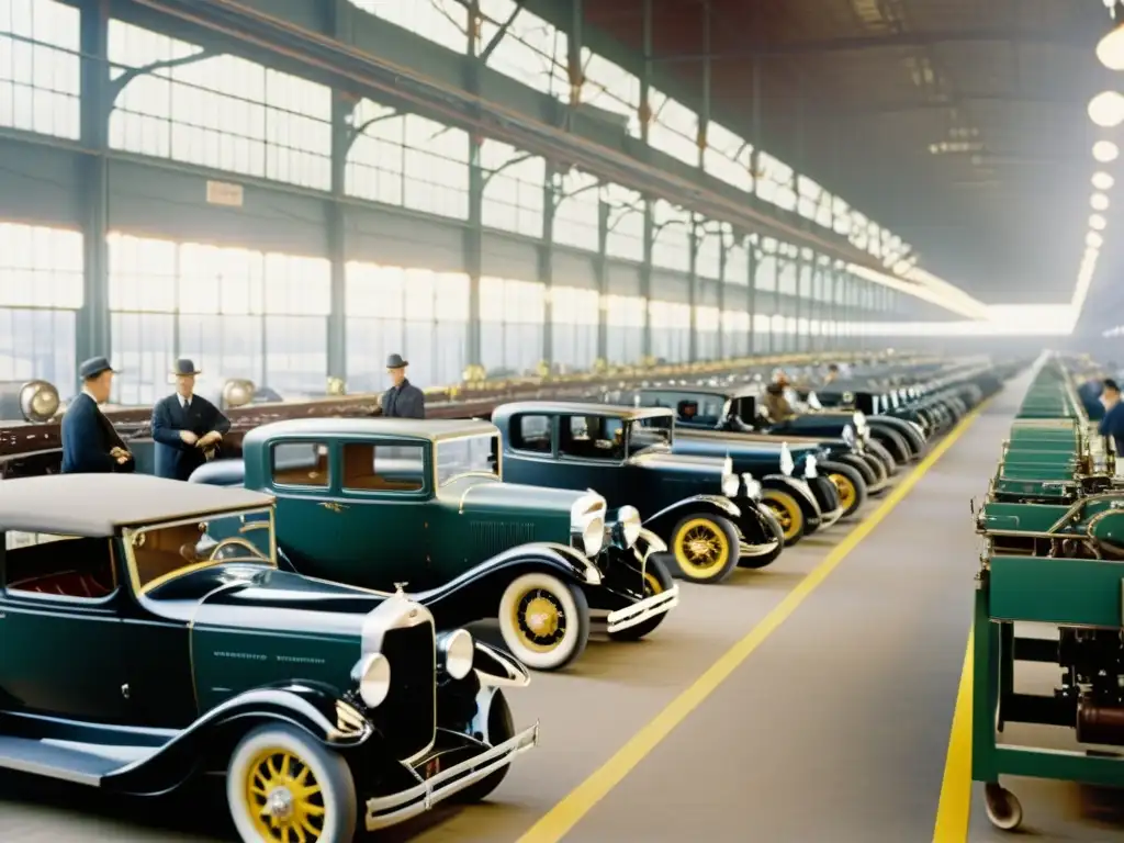 La cadena de montaje de Henry Ford: Imagen detallada y dinámica de trabajadores y maquinaria ensamblando automóviles con precisión y eficiencia