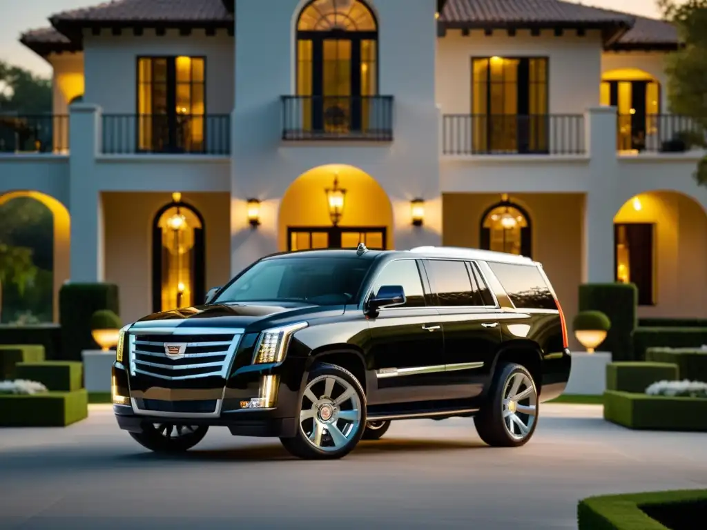 Un Cadillac Escalade negro estacionado frente a una lujosa mansión al atardecer, refleja lujo automotriz Cadillac y sofisticación