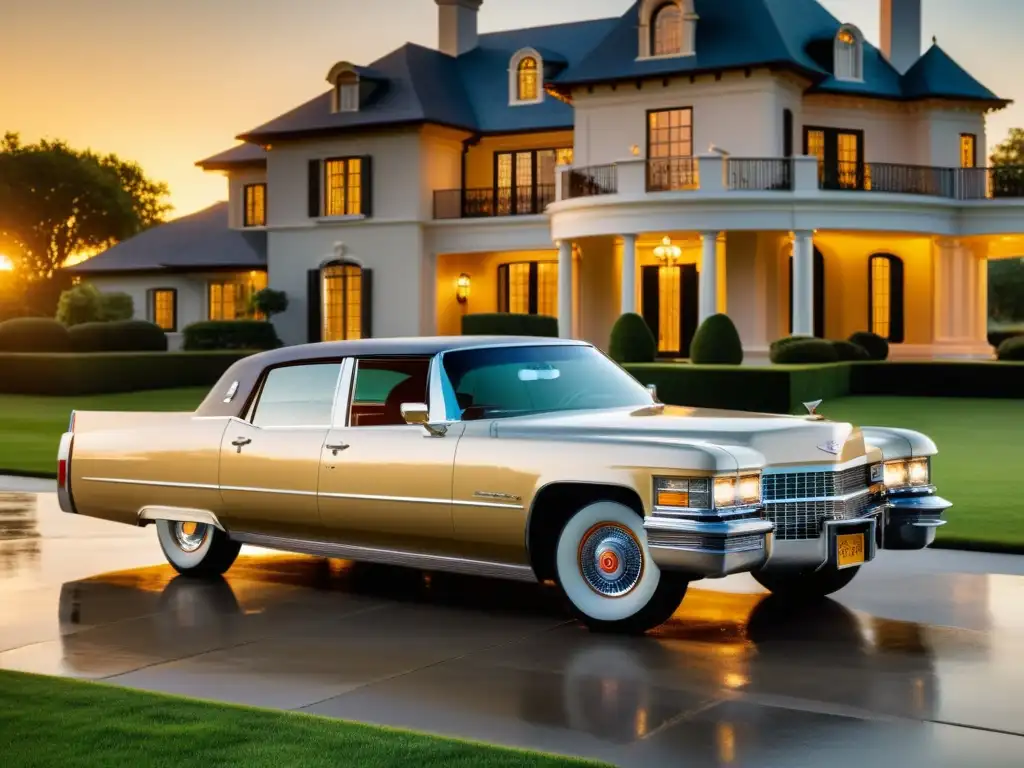 Un Cadillac vintage impecable frente a una lujosa mansión al atardecer, reflejando el legado lujo automotriz Cadillac