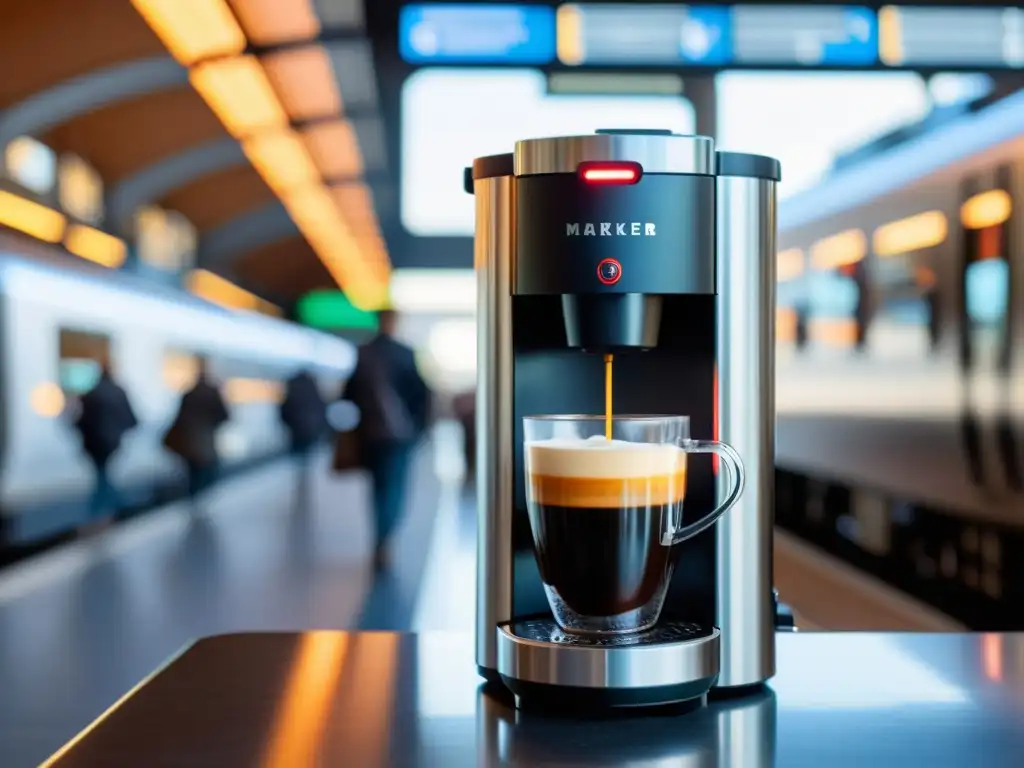 Cafetera portátil de acero inoxidable en estación de tren con luz matutina y viajeros apurados