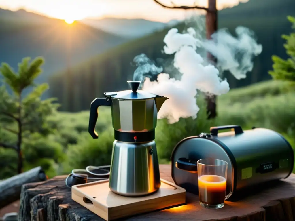 Una cafetera portátil de acero inoxidable en un entorno remoto y natural