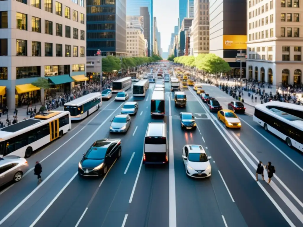 Una calle abarrotada de una ciudad durante la hora pico, con autos, autobuses y peatones moviéndose en todas direcciones