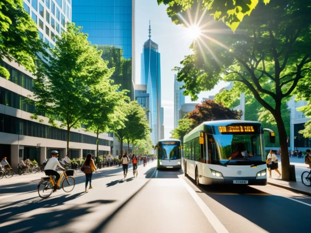 Una calle bulliciosa de la ciudad con árboles, peatones, ciclistas y transporte público eléctrico