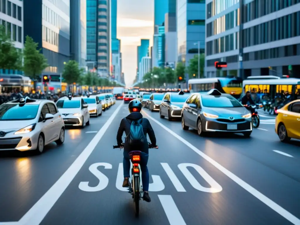 Una calle bulliciosa de la ciudad con contraste entre medios de transporte ecológicos sostenibles y vehículos tradicionales en un atasco urbano