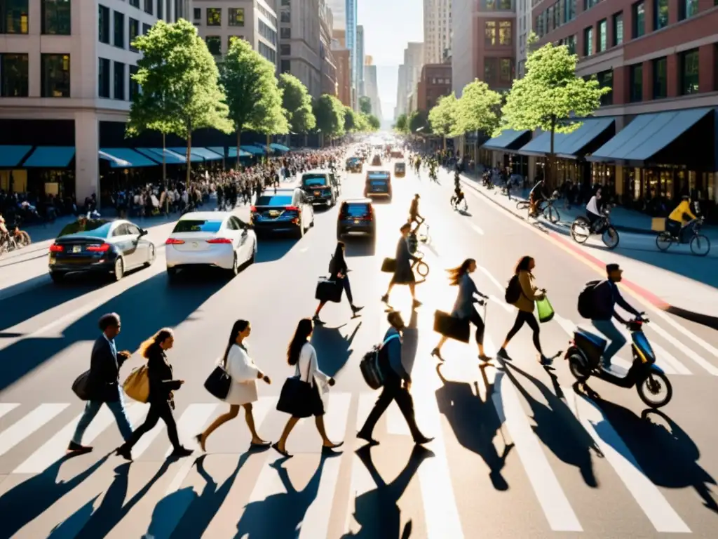 Una calle bulliciosa de la ciudad con una diversidad de personas enfrentando el desafío de la movilidad urbana en medio del crecimiento poblacional