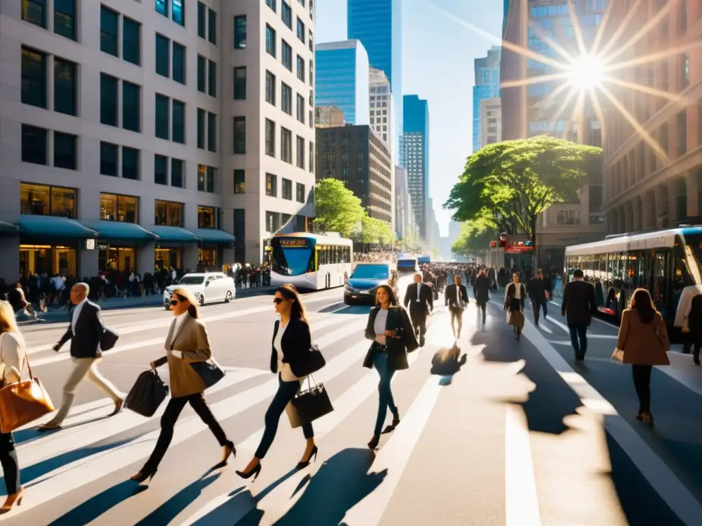 Vida urbana: caos y movimiento en la ciudad Una calle bulliciosa de la ciudad durante la hora pico, con una mezcla de autos, autobuses, bicicletas y peatones