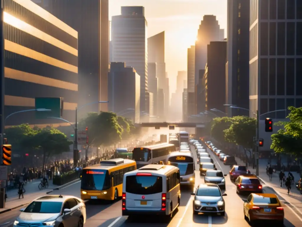 Una calle bulliciosa de la ciudad llena de tráfico, rodeada de altos edificios y aire contaminado