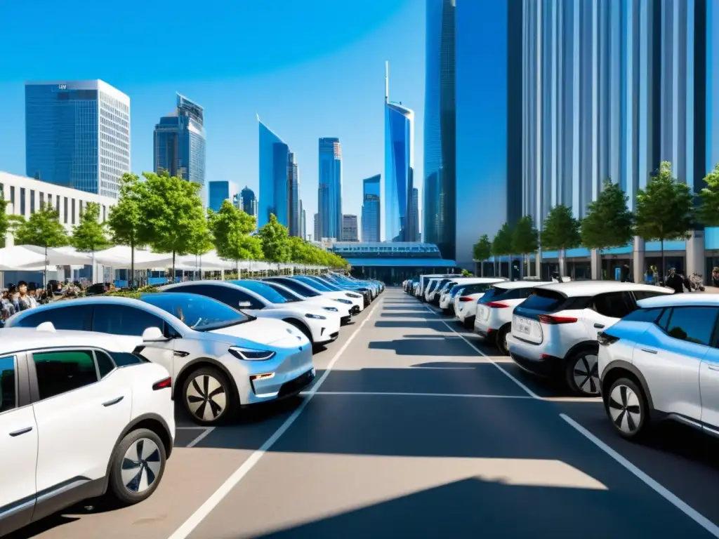 Una calle bulliciosa de la ciudad llena de vehículos eléctricos y personas conectando cargadores portátiles, con un ambiente moderno y sostenible