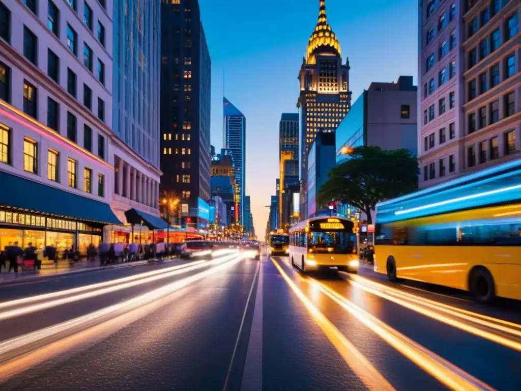 Una calle bulliciosa de la ciudad al anochecer, con luces de coches y semáforos creando un escenario dinámico y vibrante