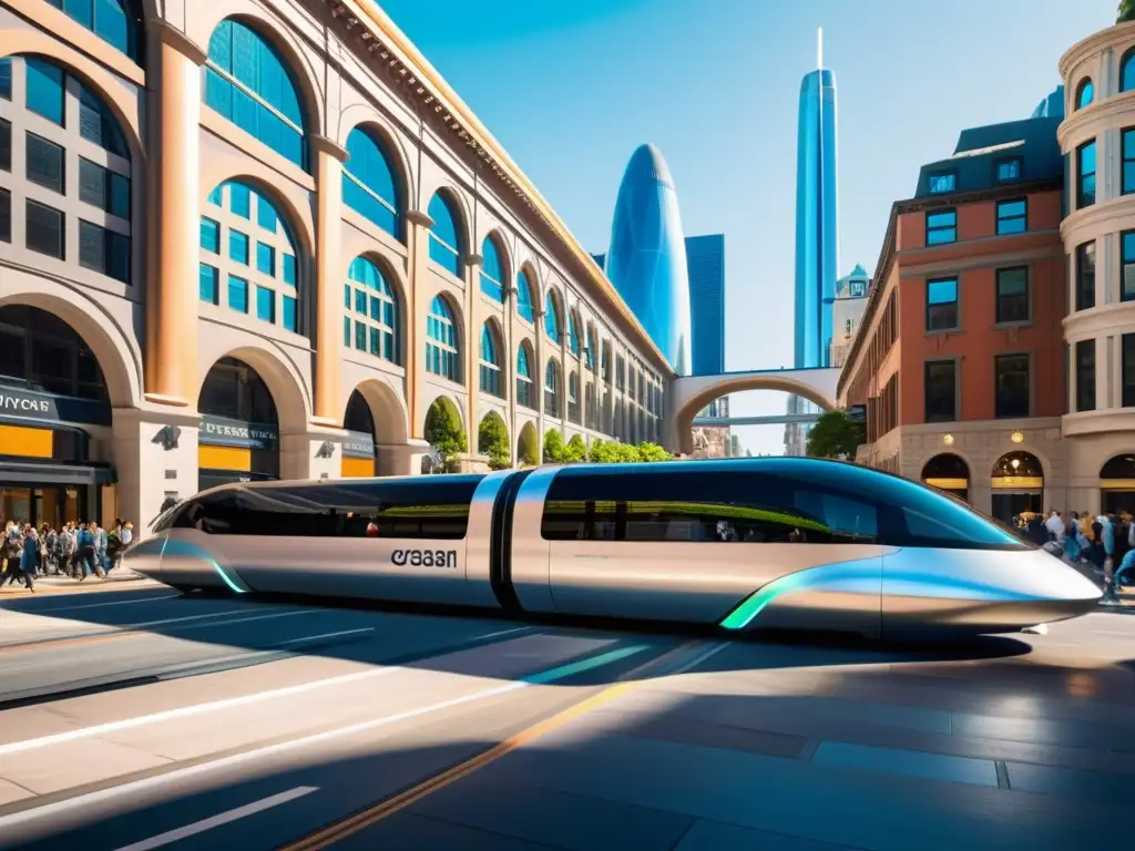 Una calle bulliciosa de la ciudad muestra la evolución de los medios de transporte con innovaciones tecnológicas, desde carros de caballos hasta pods hyperloop, en un paisaje urbano vibrante y dinámico