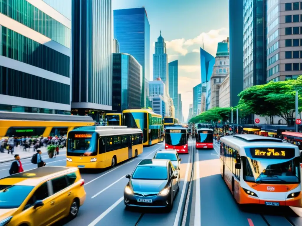 Una calle bulliciosa de la ciudad con diversos medios de transporte público como autobuses, tranvías y taxis, entre edificios altos y peatones