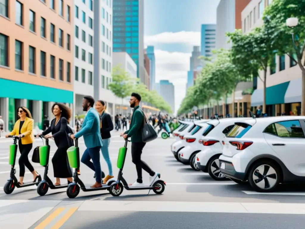 Una calle bulliciosa de la ciudad con personas de diversa índole caminando, andando en bicicleta y usando scooters eléctricos