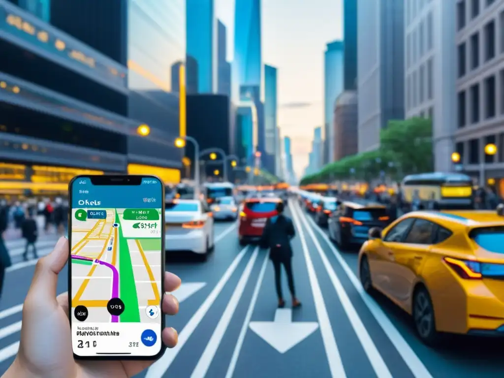 Una calle bulliciosa de la ciudad con tráfico y una app de navegación mostrando rutas alternativas y actualizaciones de tráfico en tiempo real