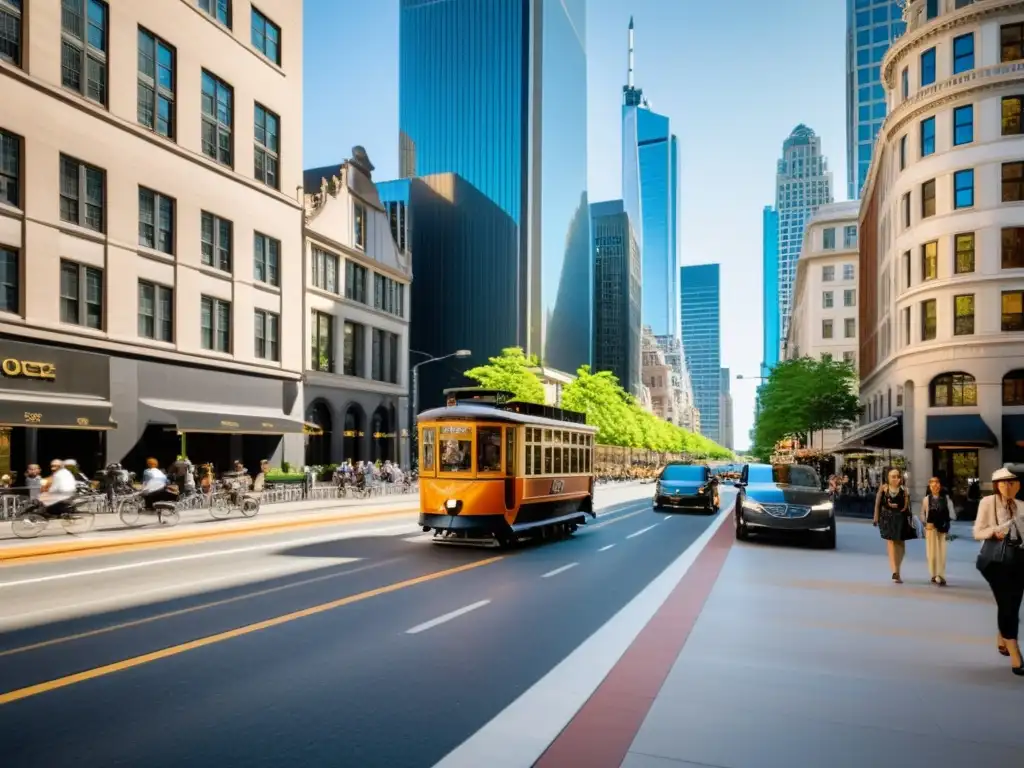 Una calle bulliciosa de la ciudad que muestra la evolución del transporte y su impacto estético en la arquitectura urbana