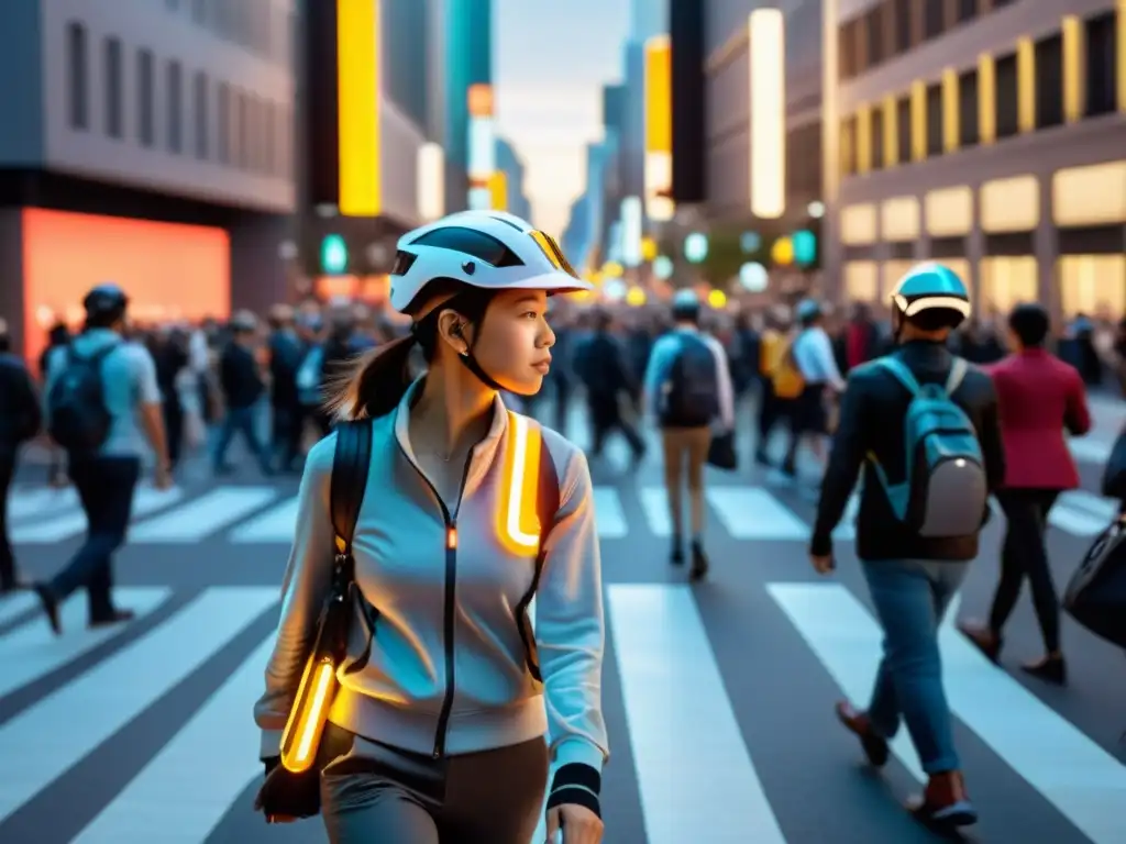 Una calle bulliciosa llena de peatones usando tecnología wearable de seguridad en una ciudad