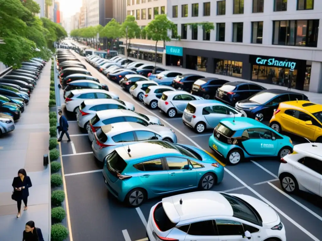 Una calle bulliciosa llena de vehículos de car sharing: coches eléctricos, híbridos y de gasolina, estacionados ordenadamente