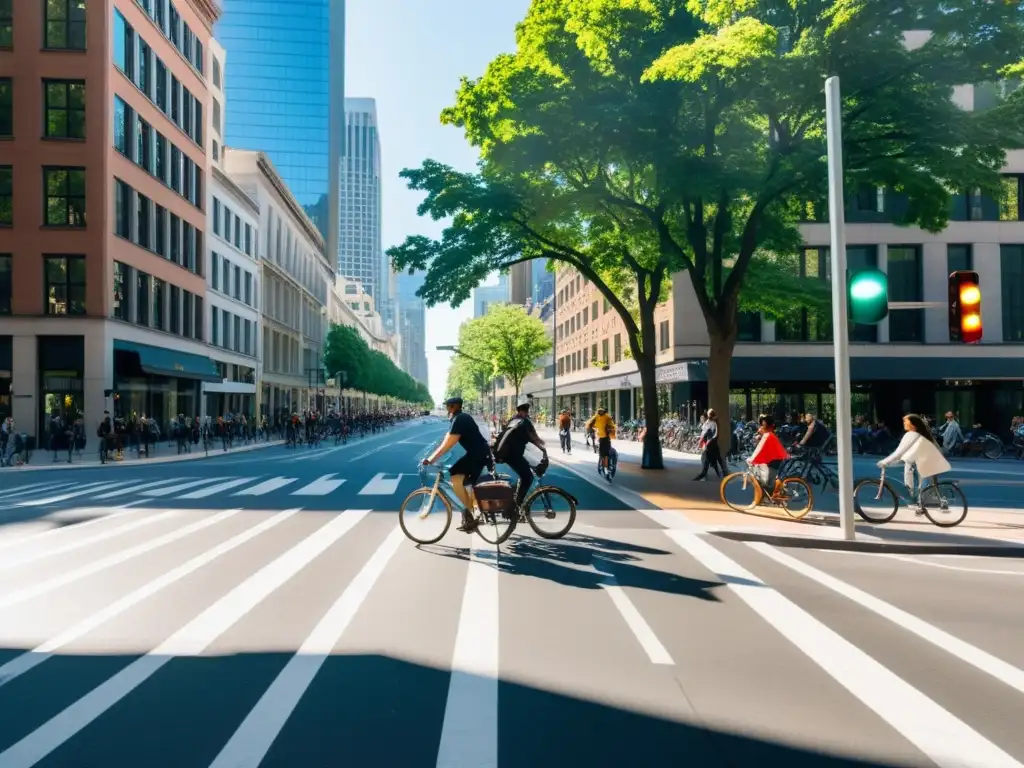 Una calle bulliciosa llena de vida urbana, con peatones, ciclistas y edificios modernos y antiguos