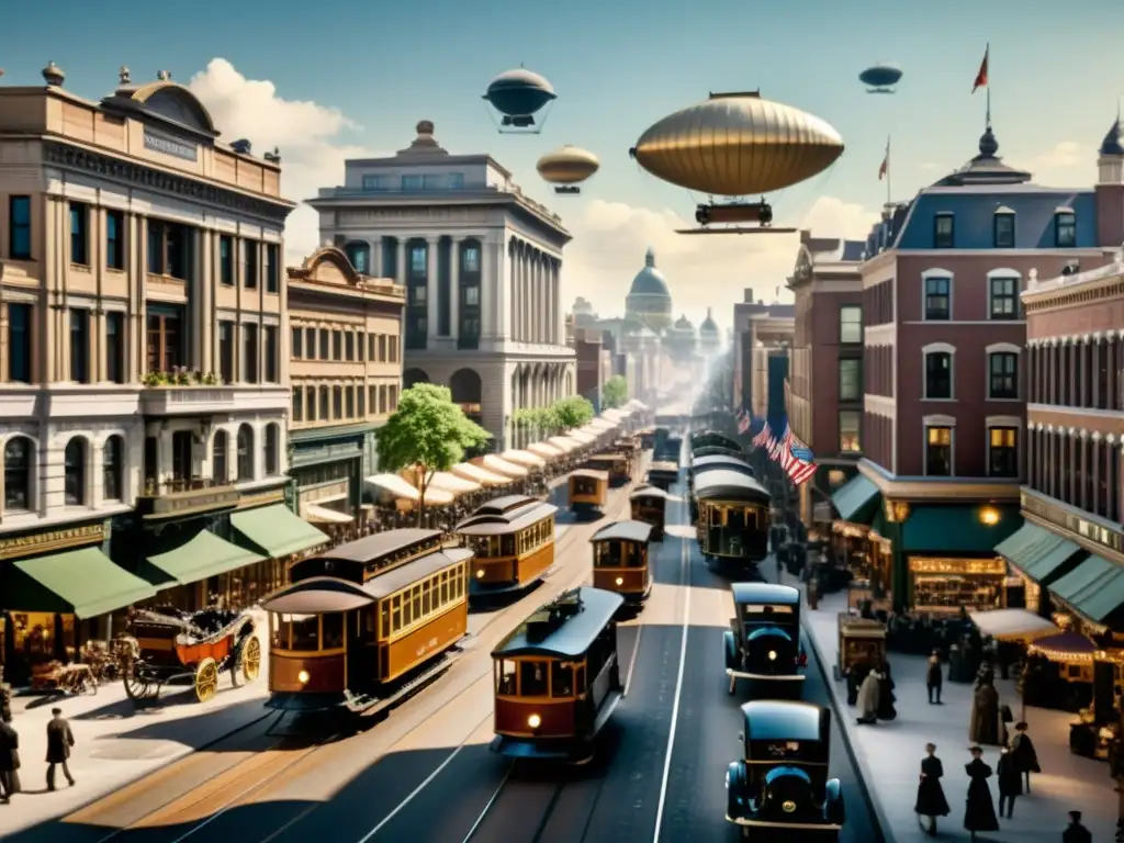 Una calle bulliciosa del siglo XX con transporte variado y dirigibles en el cielo